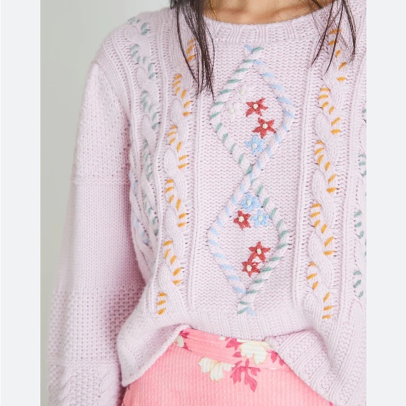 Loveshackfancy Leni Cableknit Crew Neck Pink Embroidered Sweater - Picture 2 of 11